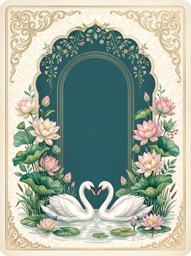 Ornate Romantic Swans and Lotuses, Elegant Floral Arch Border