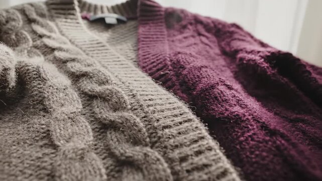 Close-up of brown and purple cable knit sweaters. Detailed texture of warm winter wool clothing. Luxury fashion and seasonal apparel concept