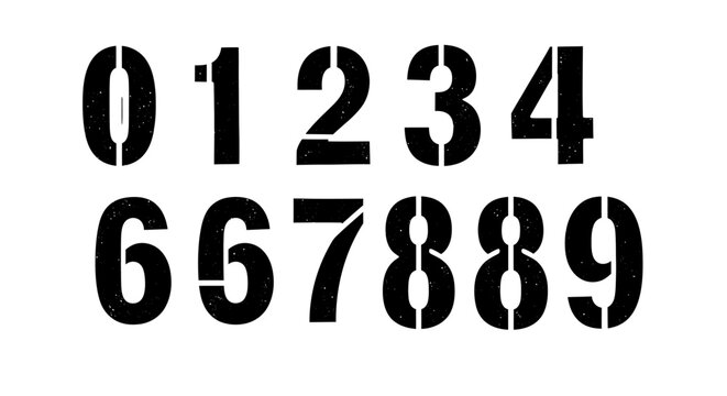 Bold Black Stencil Numbers 0-9 in an Industrial Style on an Isolated White Background