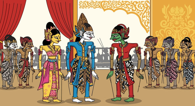 Traditional Indonesian Wayang Puppet Theater Scene with Javanese Wedding Characters and Ornate Cultural Decor