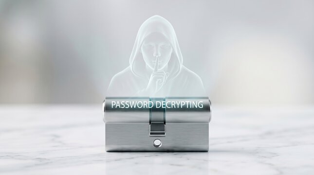 Hacker silhouette with shushing gesture over a lock cylinder labeled password decrypting