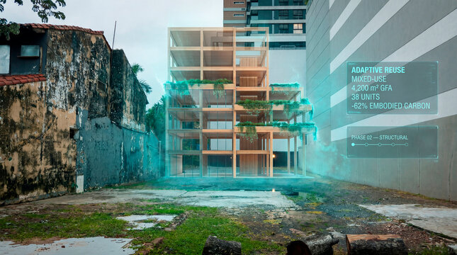 Visionary adaptive reuse architecture transforming vacant urban lot with holographic blueprint