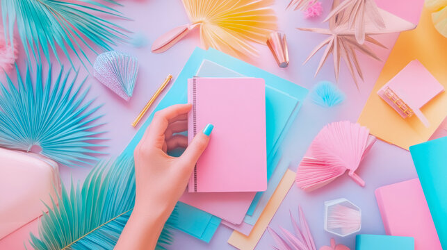 Person's hand with vibrant blue fingernail polish holds pink notebook amidst whimsical and pastel-colored arrangement of decorative palm leaves, paper fans, and stationery items, evoking sense of crea