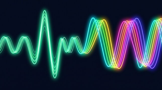 Abstract neon sound wave pattern with colorful light trails on dark background for technology design