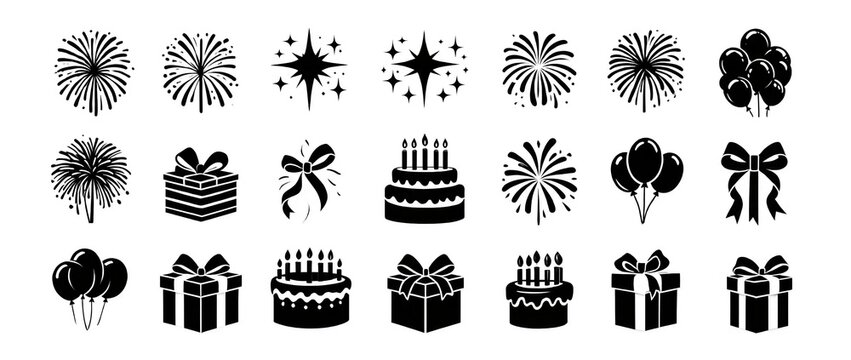 Extensive collection of black and white celebration icons featuring fireworks gifts cakes balloons celebration fireworks birthday sparkler explosion decoration anniversary greeting invitation