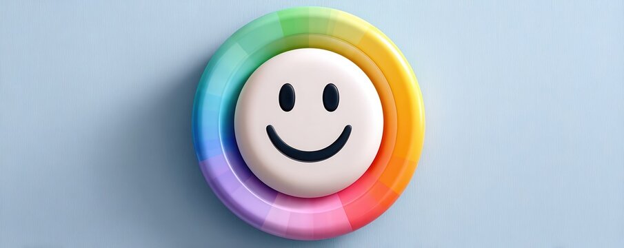 Minimalist 3D smiley button with rainbow ring - colorful happy icon for app, web, and design