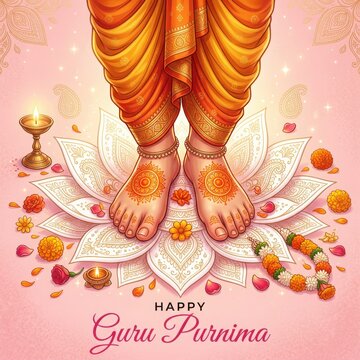 Devotee's Feet Adorned with Henna on Lotus During Guru Purnima Festival