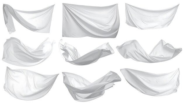 White draped fabric compositions floating against a white background