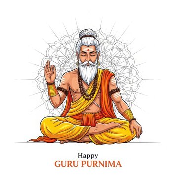Elderly Guru in Meditation Pose with Mandala Background During Guru Purnima Festival