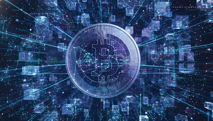 Fototapeta premium A futuristic depiction of Bitcoin cryptocurrency illustrating its digital network and blockchain technology with glowing blue accents