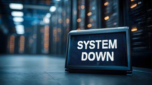 System down sign placed on floor in data center with server racks background.