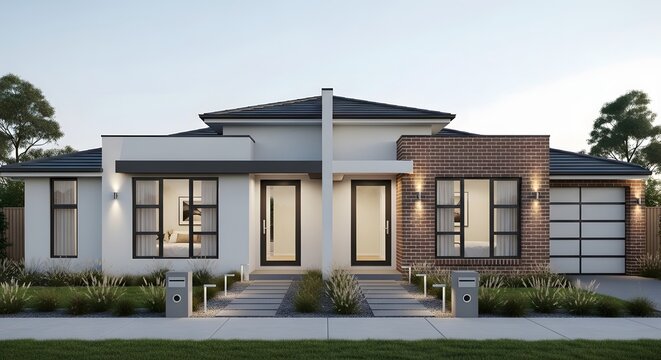 Contemporary side-by-side duplex homes showcasing modern architectural design, stylish exteriors, and beautifully landscaped front yards, perfect for modern residential living and urban development