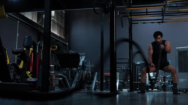Athletic man swinging battle ropes in modern gym, strength, endurance and high intensity training. Powerful gym exercise concept with movement, effort and sporty motivation.