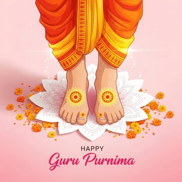 Feet adorned with auspicious symbols on a lotus during Guru Purnima festival celebration