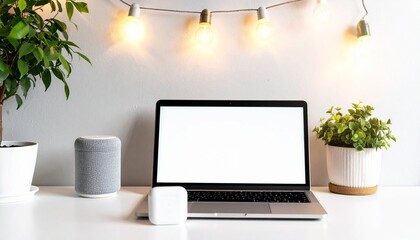 Fototapeta premium Minimalist Workspace with Laptop and Decorative Greenery Elements