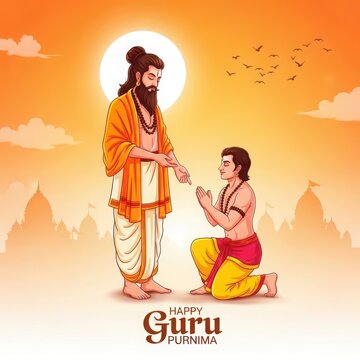 Guru blessing disciple during sunset with ancient temples and birds flying overhead