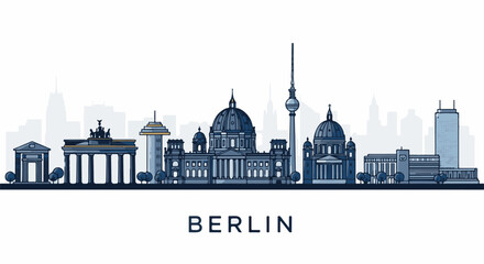Fototapeta premium Stylized blue outline of iconic Berlin landmarks under a white sky