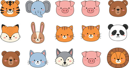 Obraz premium Cute cartoon animal faces collection with tiger, elephant, pig, bear, fox, rabbit, cat and panda, adorable wildlife character icons vector illustration isolated on white background
