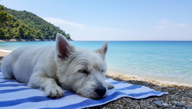 Small white dog resting on a towel on a pebble beach next to the turquoise ocean with sleeping