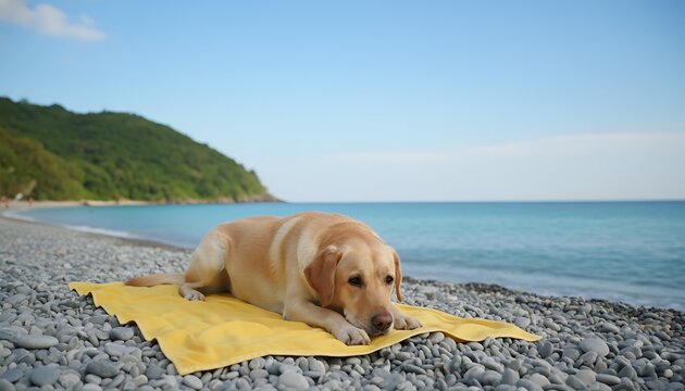 Yellow labrador dog lying on a yellow towel on a pebble beach by the ocean with labrador, vacation