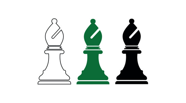 Chess bishop pieces in three colors white green and black