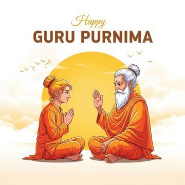 Guru Purnima celebration with elder mentor blessing younger disciple in traditional attire