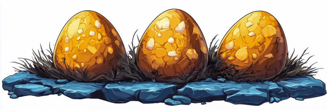 Three large, textured, golden-orange dragon eggs rest nestled in dark, dry grass on formation of blue, jagged rocks against white background, hinting at fantasy and genesis of mythical creatures