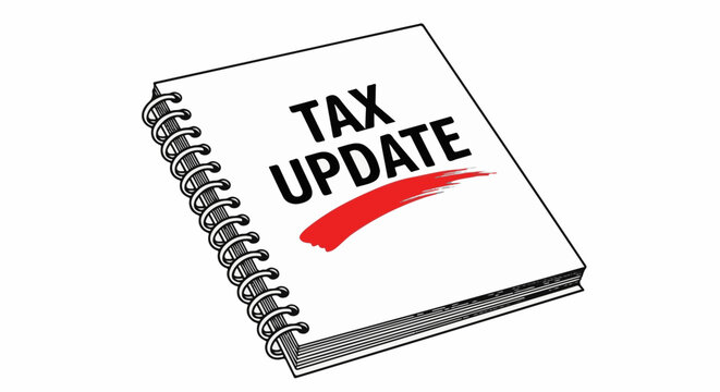Spiral bound notebook with "TAX UPDATE" in bold text and a red brush stroke