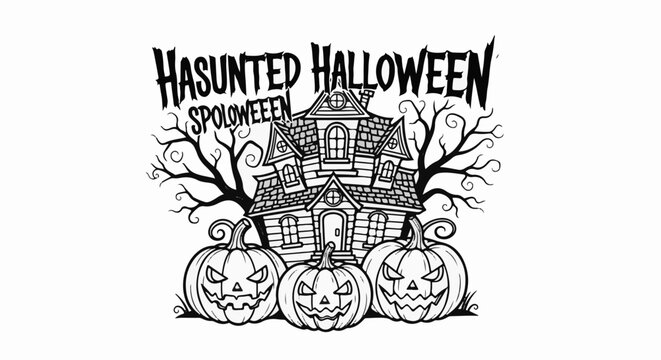 Spooky haunted house with grinning pumpkins and gnarled trees for Halloween