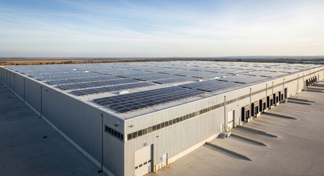 solar panel roof top, large industrial building