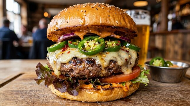 Juicy gourmet burger with jalapenos and melted cheese served with a side of pickles and beer.