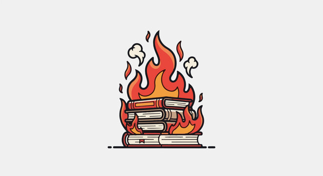 Stack of books engulfed in flames and smoke
