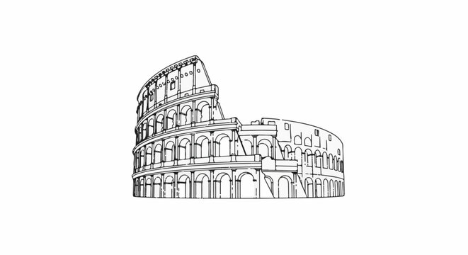 Stylized black and white sketch of an ancient Roman amphitheater with arched levels
