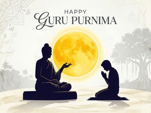 Guru Purnima celebration with teacher and student silhouette against full moon and Banyan tree