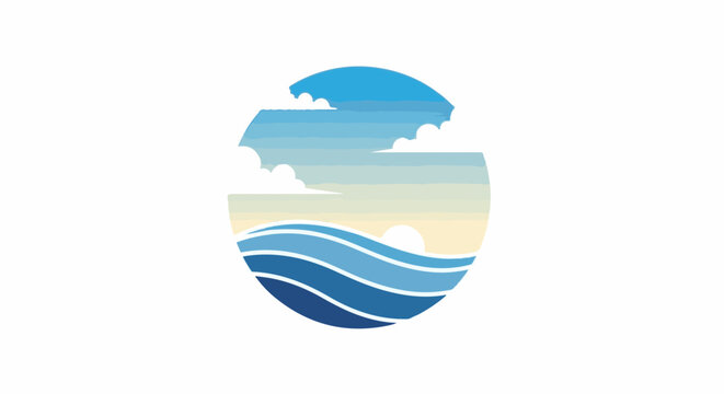 Stylized circular ocean waves and sunset with clouds