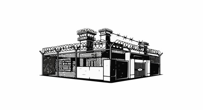 Stark illustration of a fortified structure with barbed wire and watchtowers