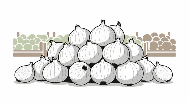 Stack of white onions with crates of produce in background