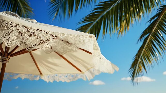 A white parasol with delicate lace trim provides shade against a vibrant blue sky and lush palm fronds, evoking a sense of tropical relaxation.