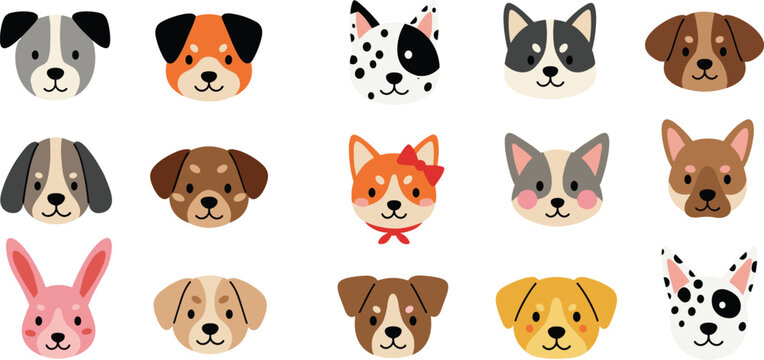 Cute cartoon dog faces collection with different breeds and expressions, simple puppy head icons set, adorable pet vector illustration isolated on white background