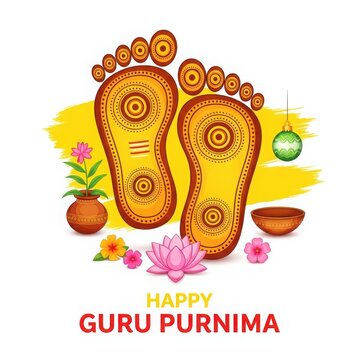 Guru Purnima festival footprints with offerings and auspicious symbols in vibrant colors
