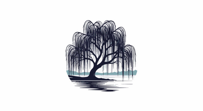 Silhouette of a weeping willow tree reflected in calm water under a serene sky