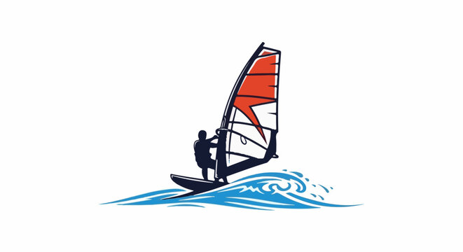 Silhouette of a windsurfer on waves with a red and white sail