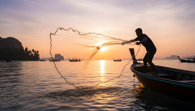 Fisherman casting a fishing net from a traditional wooden boat during a vibrant sunset over the sea