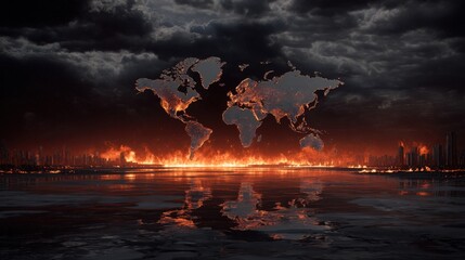 Fototapeta premium Dramatic World Map with Flames and Dark Stormy Sky