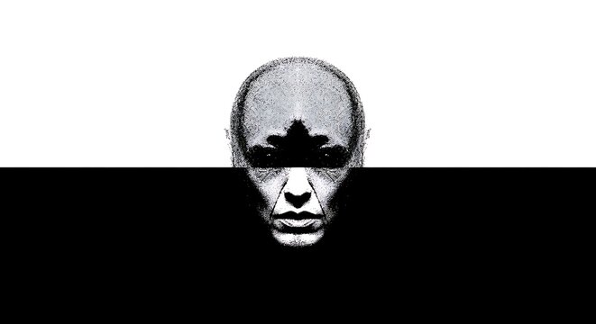 Abstract artistic portrait of a human face emerging from darkness and light.