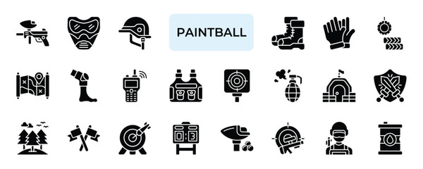 Fototapeta premium Paintball Icon set Collection in Glyph Two Color Style marker, goggle, helmet, boot, glove.