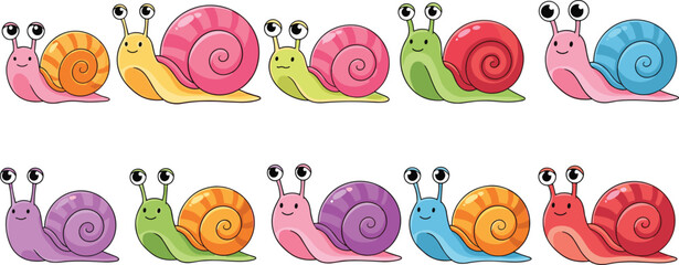 Cute colorful snail characters collection with different shell patterns, cartoon garden animals set, adorable vector illustration isolated on white background © MdNazmul