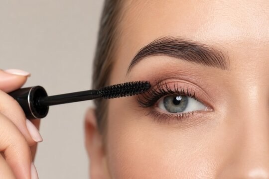 Close-up of professional makeup application with mascara brush lengthening and defining natural eyelashes on a person with fair skin, well-lit studio setting, beauty and cosmetics industry concept