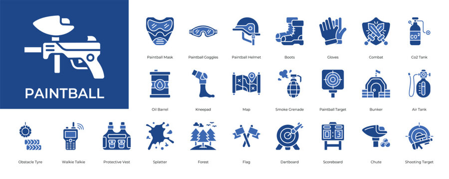 Paintball Icon set Collection in Solid Glyph Style marker, goggle, helmet, boot, glove.