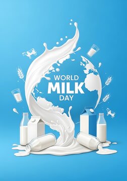 World Milk Day celebration with milk bottles and cartons around globe with splashing milk